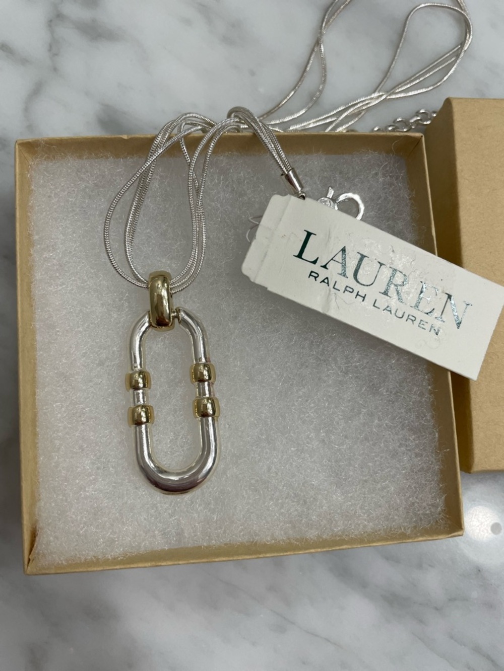 Ralph Loren two-Tone Silver & Gold Link Pendant Necklace NWT and box